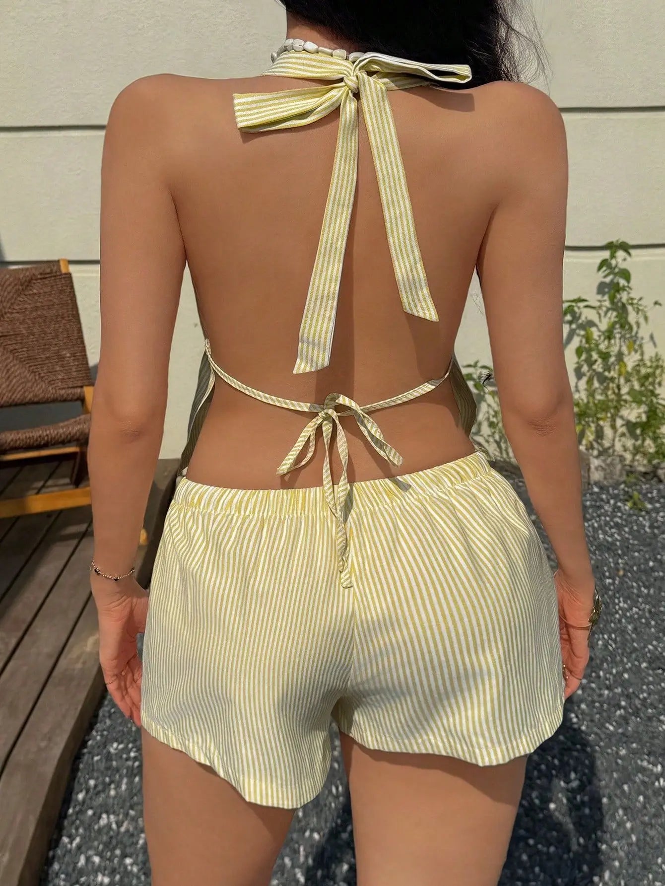 Women Striped 2 Piece Clothing Set Y2K Summer Holliday Outfits Casual Backless Halter Tops With Shorts Summer Clubwear Party
