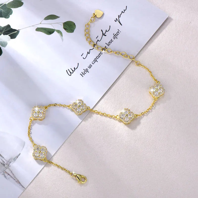 RAPRGOLD Certified Moissanite Four Leaf Clover Bracelets for Women 14K Gold Filled Bracelets Chain Wedding Fine Jewelry Gifts