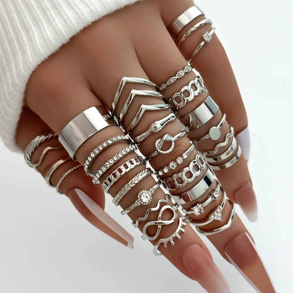 30pcs Set Luxury Trend Gold Color Geometric 8-shaped Zircon Imitation Pearl Rings for Women Finger Multi-piece Set Charm Jewelry