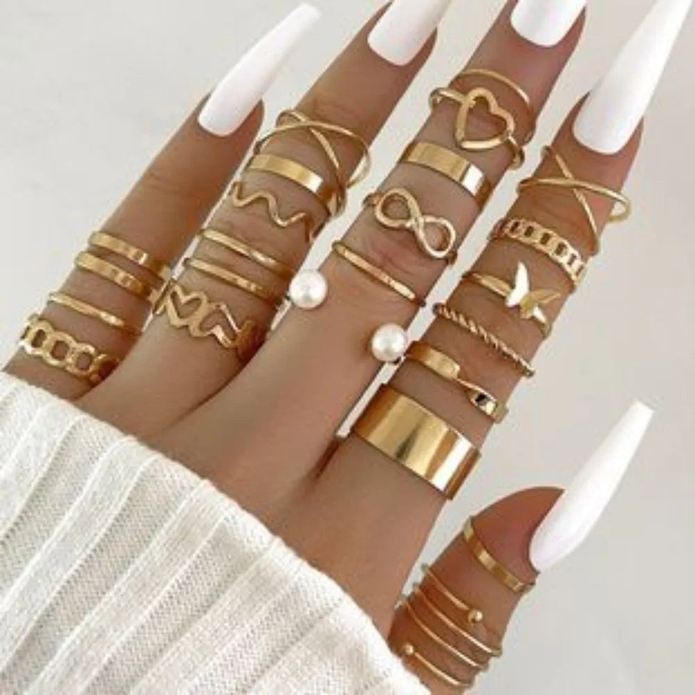 30pcs Set Luxury Trend Gold Color Geometric 8-shaped Zircon Imitation Pearl Rings for Women Finger Multi-piece Set Charm Jewelry