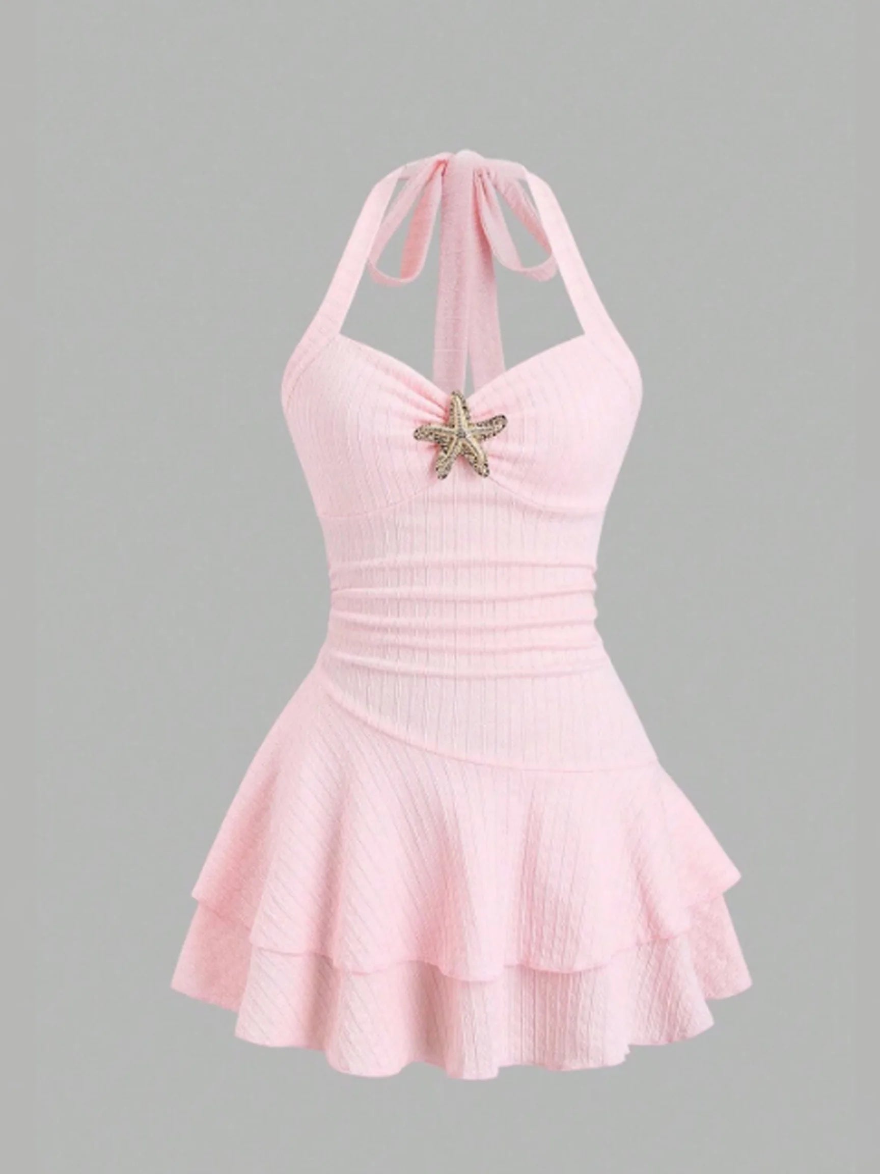 White Halter Neck Mini Dress Women's Ruffled Starfish Embellished Summer Casual Evening Gown