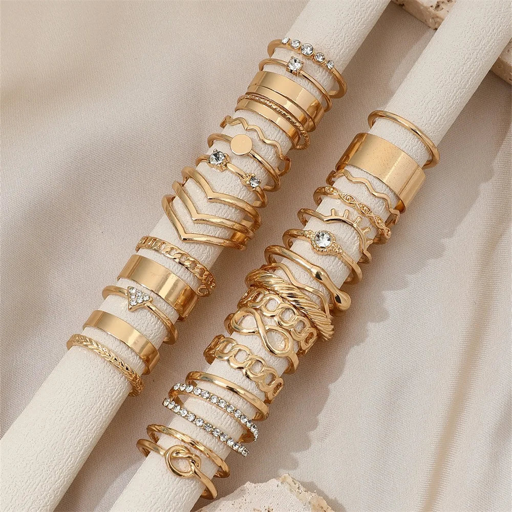 30pcs Set Luxury Trend Gold Color Geometric 8-shaped Zircon Imitation Pearl Rings for Women Finger Multi-piece Set Charm Jewelry