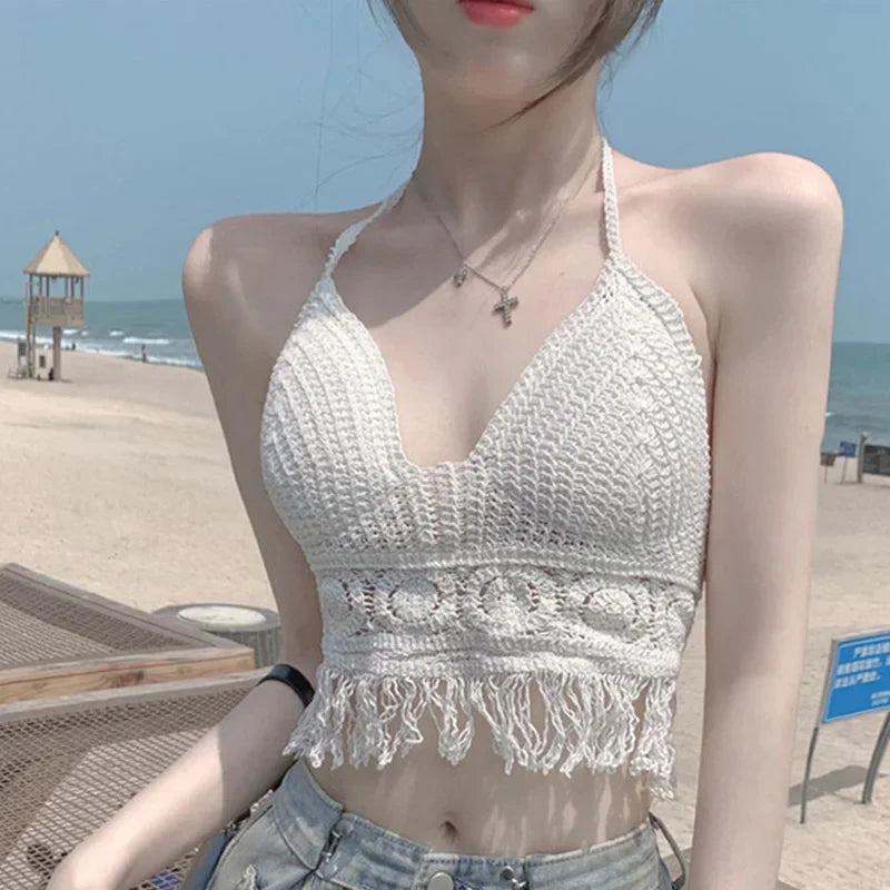 Sexy Boho Beach Holiday Camisole Halter Women Crochet Knit Swimsuit Bra Backless Vest Hollow Tassel Tank Top Women's Crop Tops