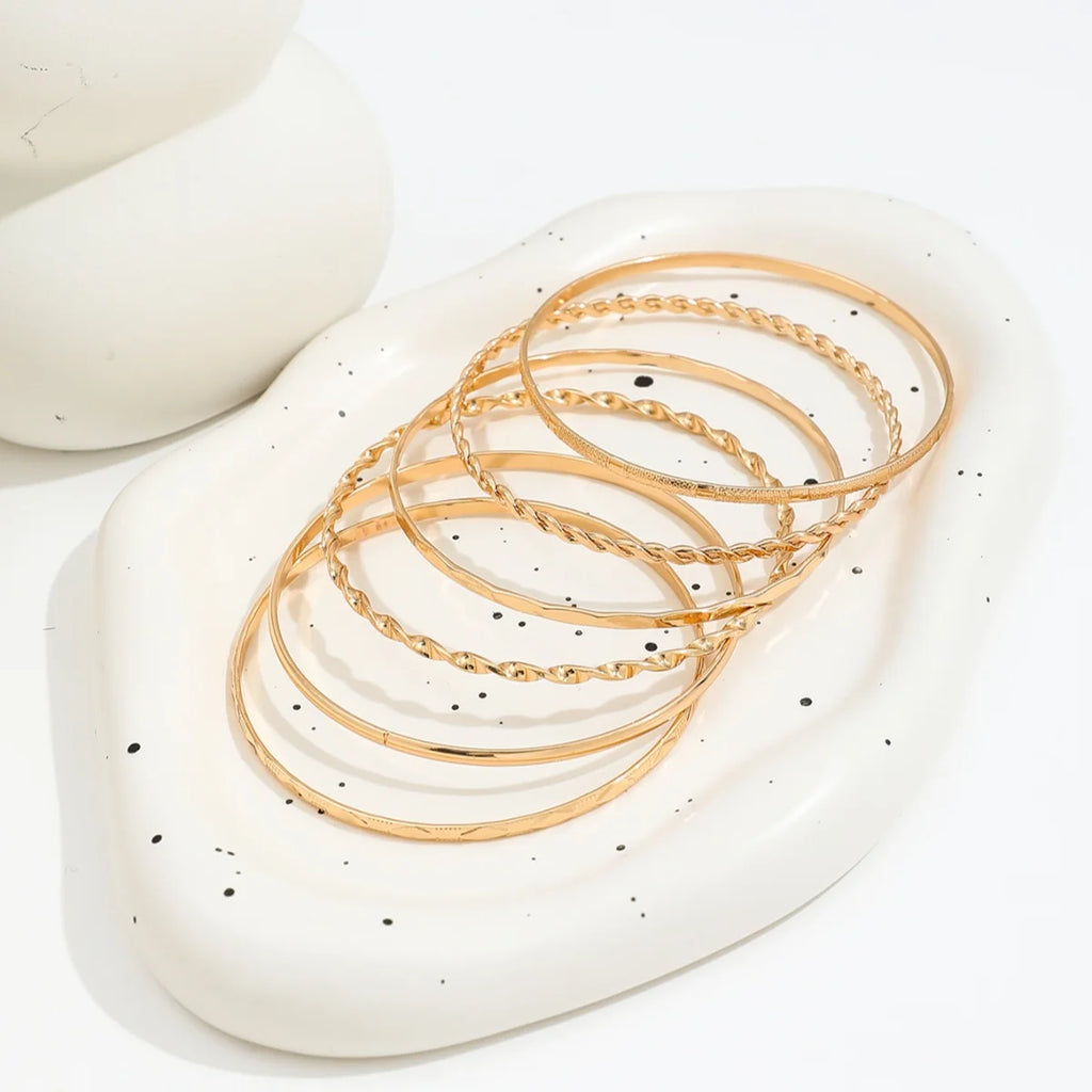 6Pcs/Set New Simple Gold Color Multilayer Bracelets Set For Women Fashion Twist Smooth Surface Bangle Jewelry Party Gift