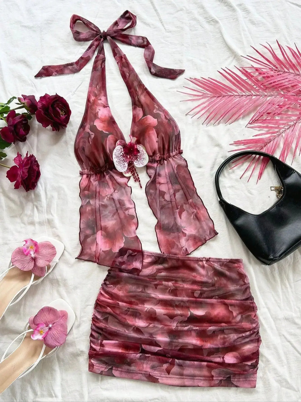 Women Flower print Two Pieces Outfits For Daily Wear tank top and skirt