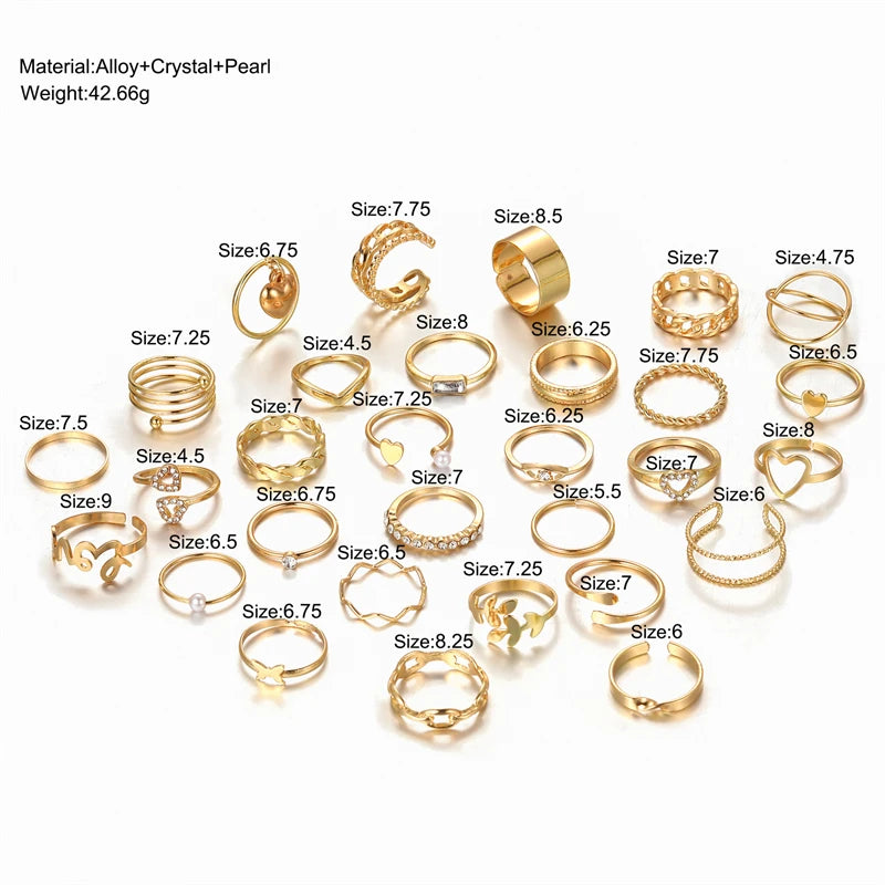 30Pcs Vintage Gold Color Zircon Heart Butterfly Hollow Chain Ring Set Boho Simulated Pearl Geometric Rings For Women Jewelry