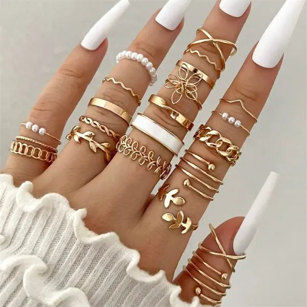 30Pcs Vintage Gold Color Zircon Heart Butterfly Hollow Chain Ring Set Boho Simulated Pearl Geometric Rings For Women Jewelry