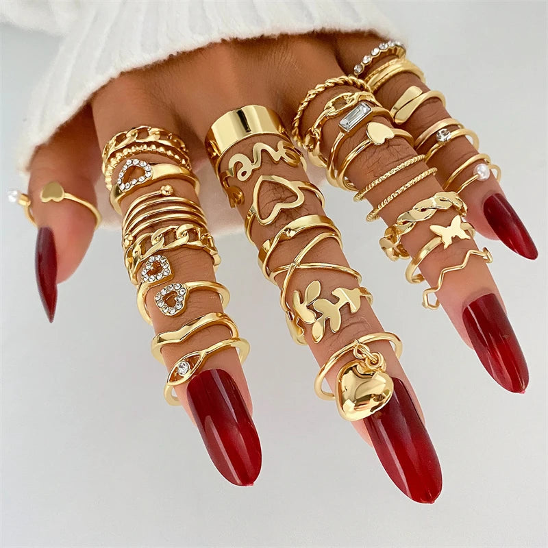 30Pcs Vintage Gold Color Zircon Heart Butterfly Hollow Chain Ring Set Boho Simulated Pearl Geometric Rings For Women Jewelry