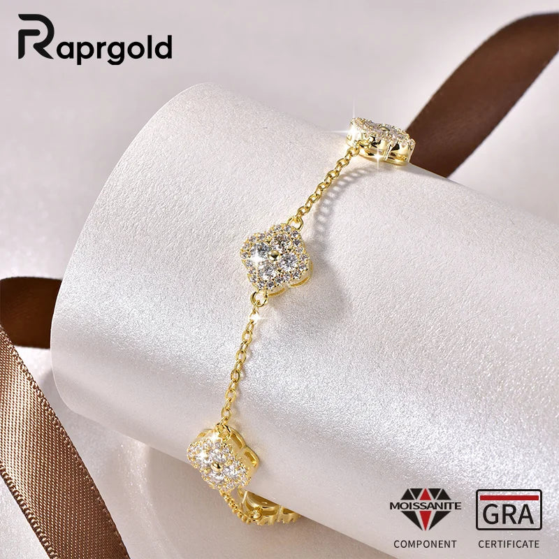 RAPRGOLD Certified Moissanite Four Leaf Clover Bracelets for Women 14K Gold Filled Bracelets Chain Wedding Fine Jewelry Gifts
