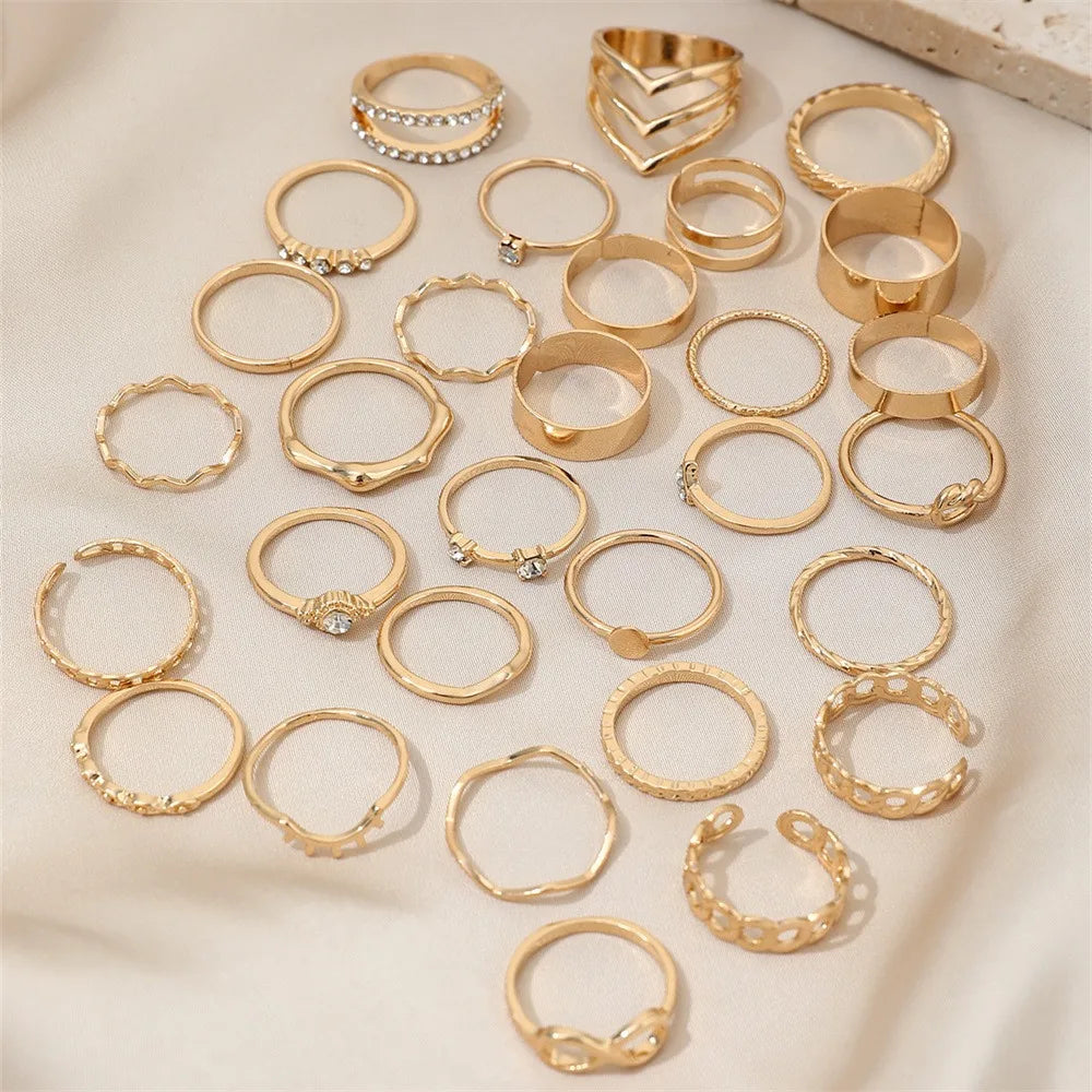 30pcs Set Luxury Trend Gold Color Geometric 8-shaped Zircon Imitation Pearl Rings for Women Finger Multi-piece Set Charm Jewelry