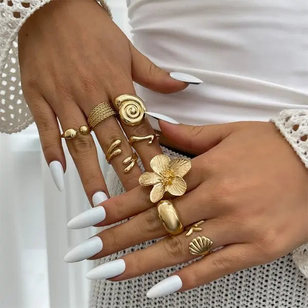 30Pcs Vintage Gold Color Zircon Heart Butterfly Hollow Chain Ring Set Boho Simulated Pearl Geometric Rings For Women Jewelry
