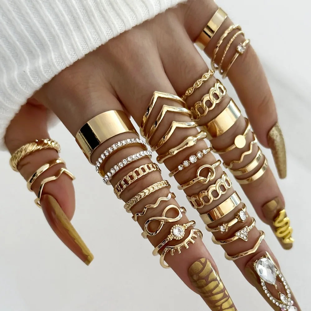 30pcs Set Luxury Trend Gold Color Geometric 8-shaped Zircon Imitation Pearl Rings for Women Finger Multi-piece Set Charm Jewelry