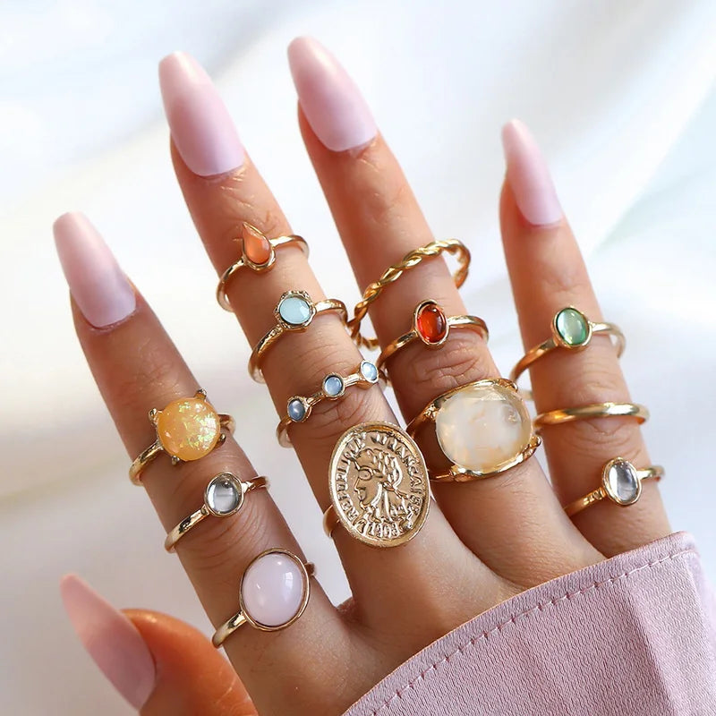 30Pcs Vintage Gold Color Zircon Heart Butterfly Hollow Chain Ring Set Boho Simulated Pearl Geometric Rings For Women Jewelry