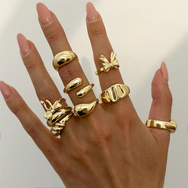 30Pcs Vintage Gold Color Zircon Heart Butterfly Hollow Chain Ring Set Boho Simulated Pearl Geometric Rings For Women Jewelry