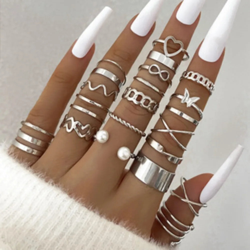 30pcs Set Luxury Trend Gold Color Geometric 8-shaped Zircon Imitation Pearl Rings for Women Finger Multi-piece Set Charm Jewelry