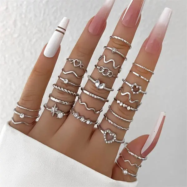 30Pcs Vintage Gold Color Zircon Heart Butterfly Hollow Chain Ring Set Boho Simulated Pearl Geometric Rings For Women Jewelry