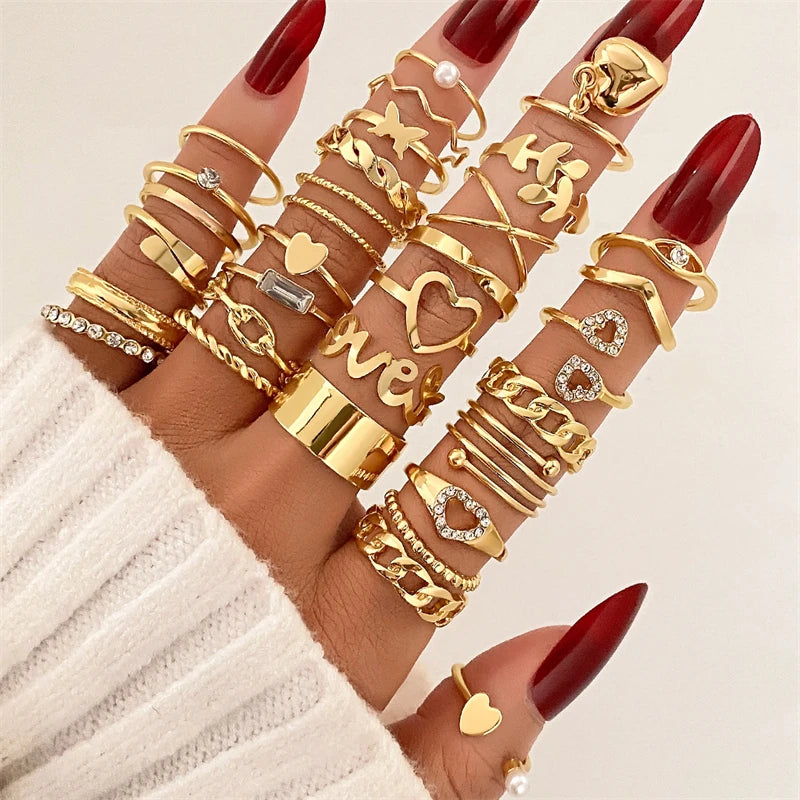 30Pcs Vintage Gold Color Zircon Heart Butterfly Hollow Chain Ring Set Boho Simulated Pearl Geometric Rings For Women Jewelry