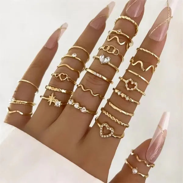 30Pcs Vintage Gold Color Zircon Heart Butterfly Hollow Chain Ring Set Boho Simulated Pearl Geometric Rings For Women Jewelry